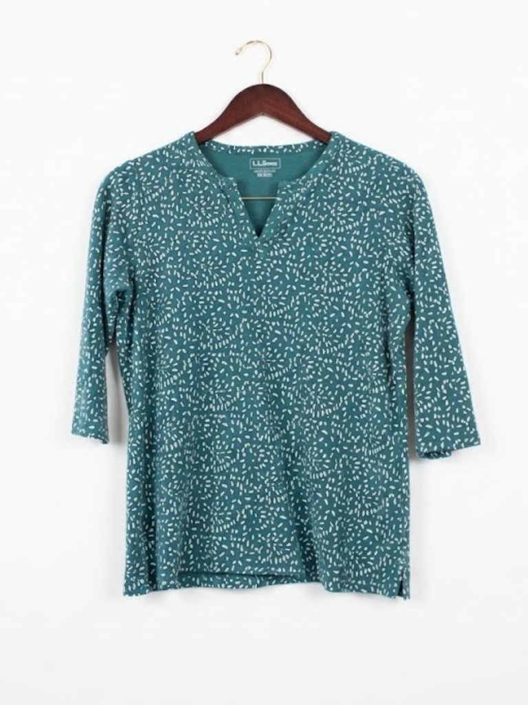 L.L. Bean Cotton Split-Neck 3/4 Sleeve Top - Teal/Green Pattern